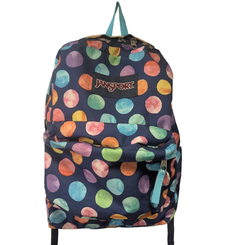 Jansport Backpack Polka Dots  Navy Blue 2 Zipper Pockets large sports school